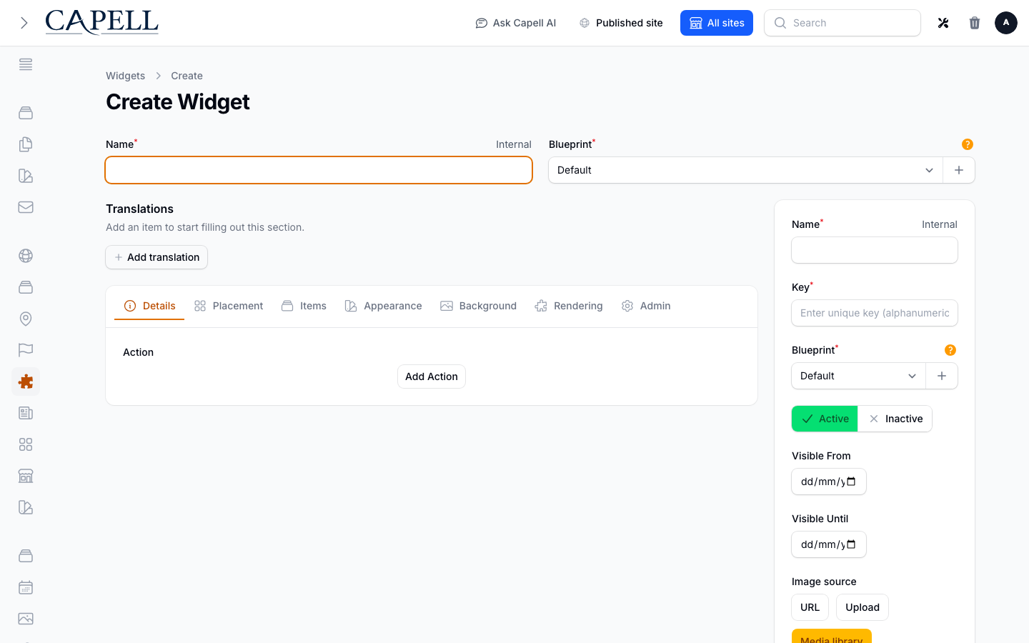 Create Edit Widget Form screenshot.