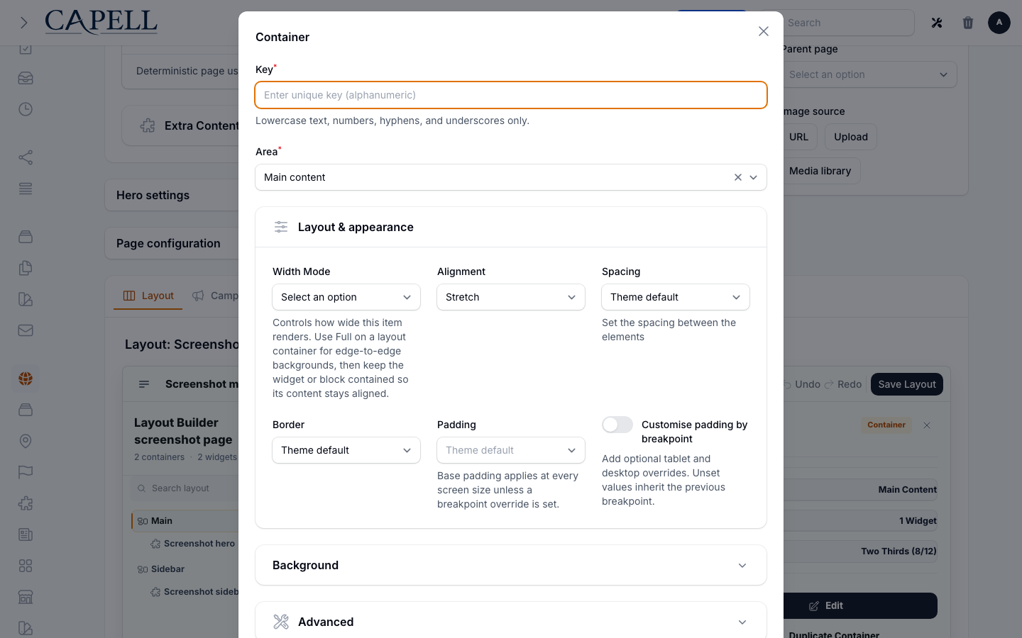 Layout Builder Add Container action with area and presentation controls