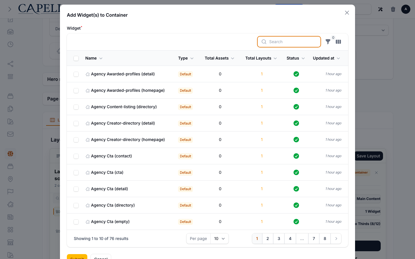Layout Builder Add Widget action showing available widget records
