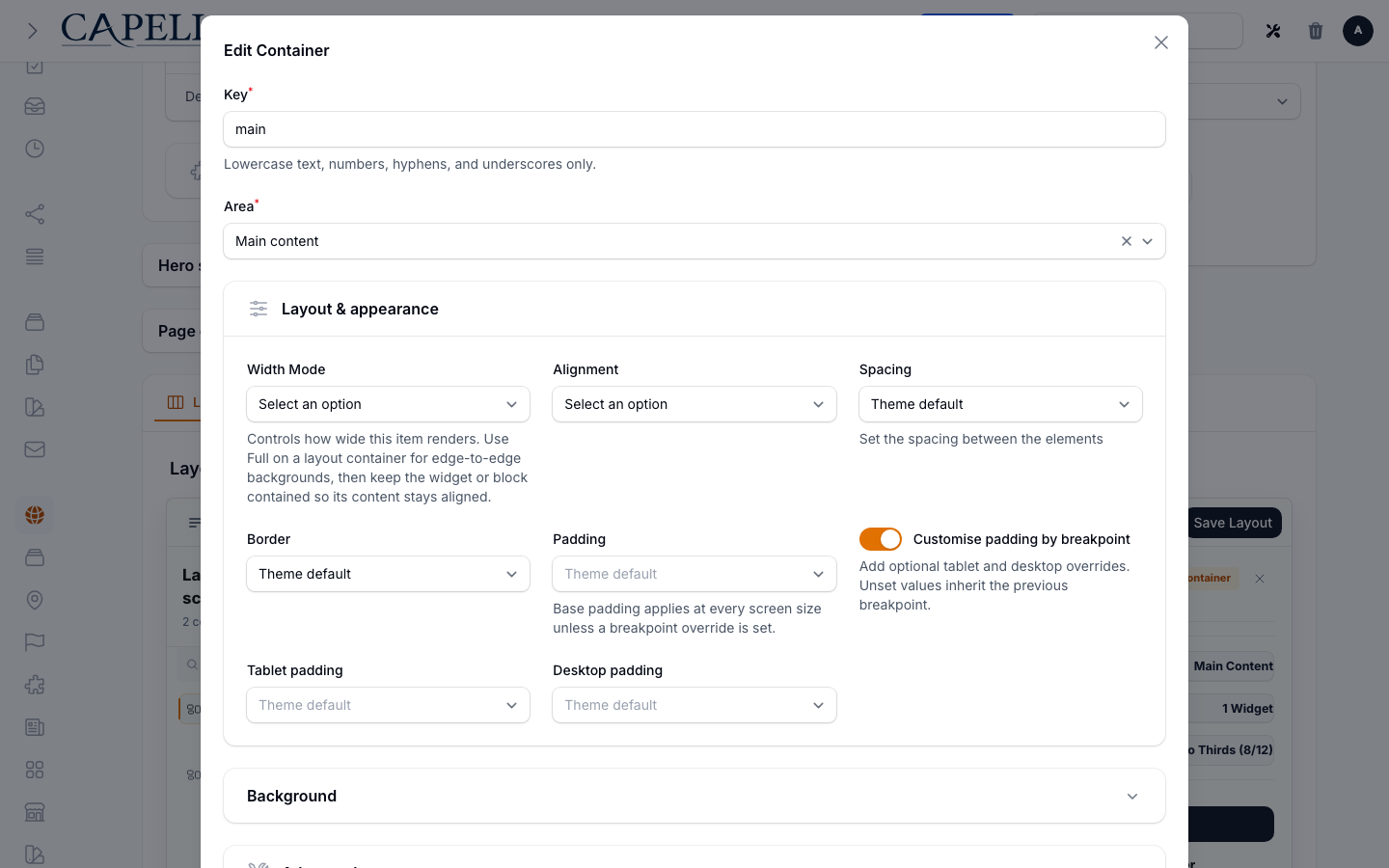Layout Builder container editor with area and background controls
