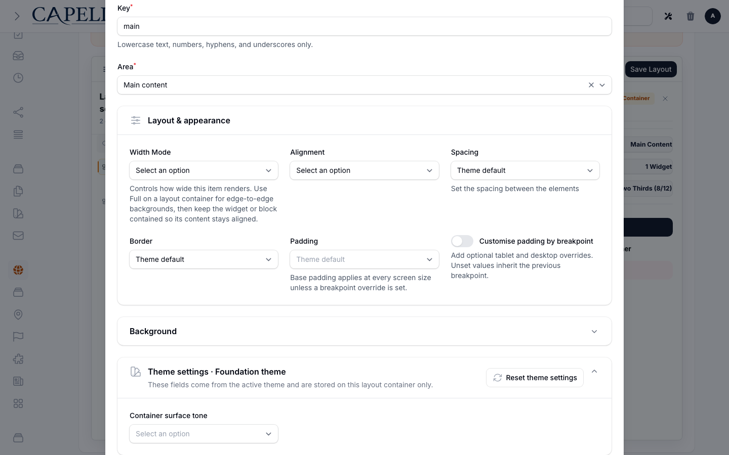 Layout Builder Edit Container Theme Settings screenshot.