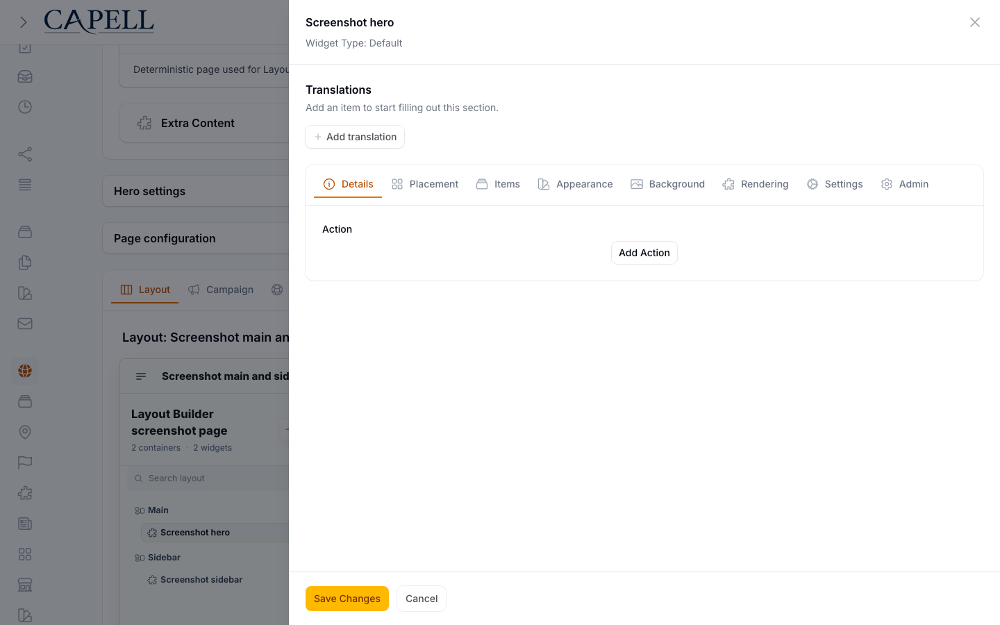 Layout Builder widget editor with translation and presentation tabs