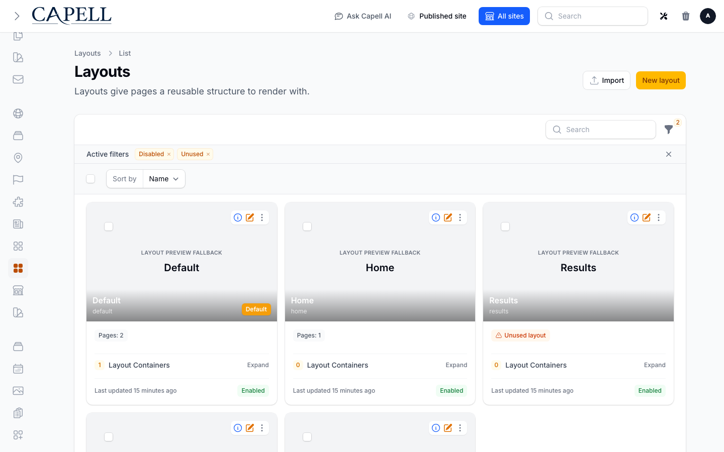 Layout Builder layouts admin index with seeded layout cards
