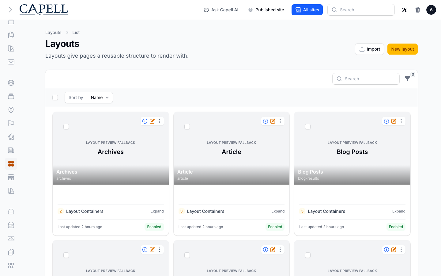Layout Builder layouts admin index with seeded layout cards