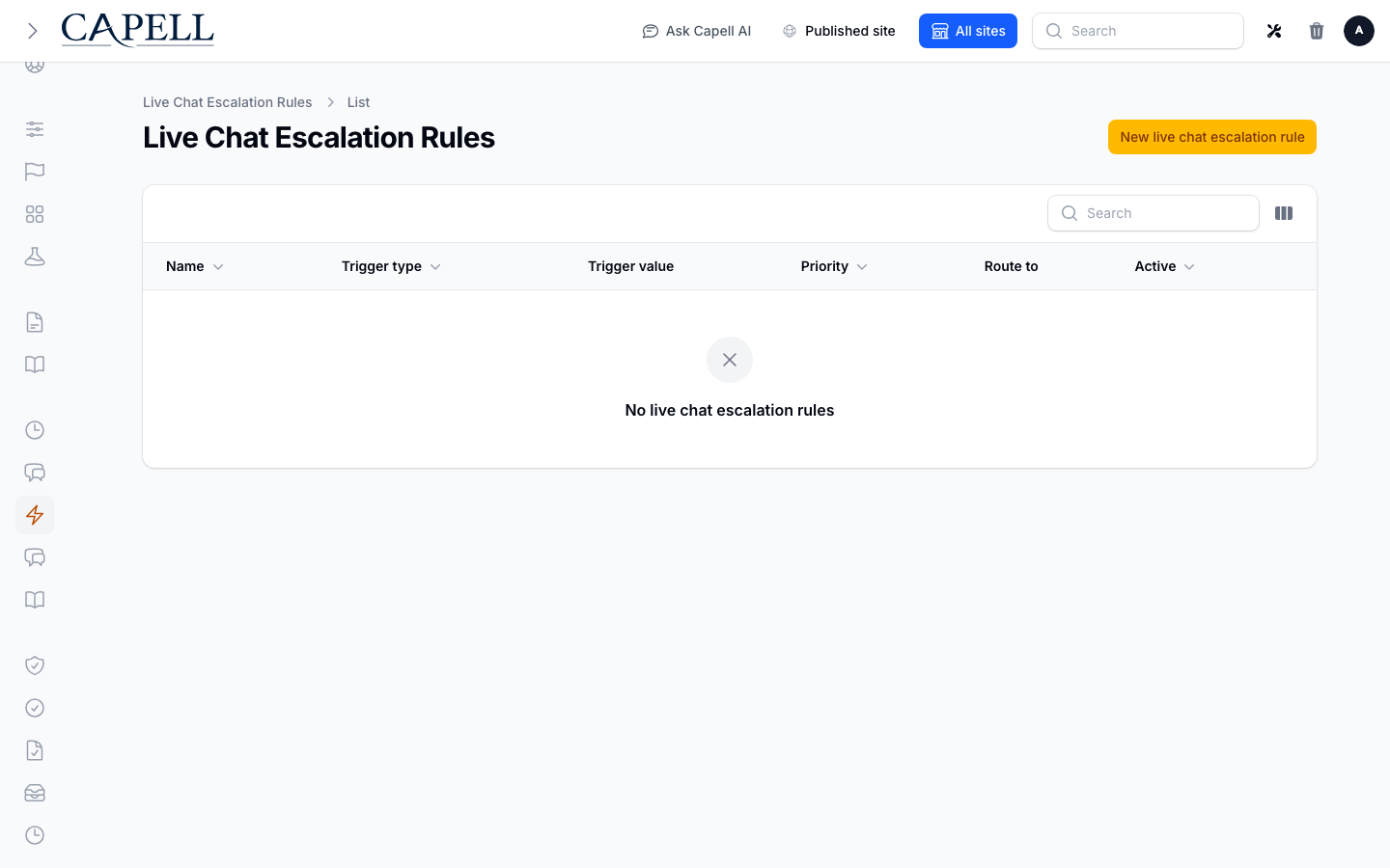 Live Chat Escalation Rules screenshot.