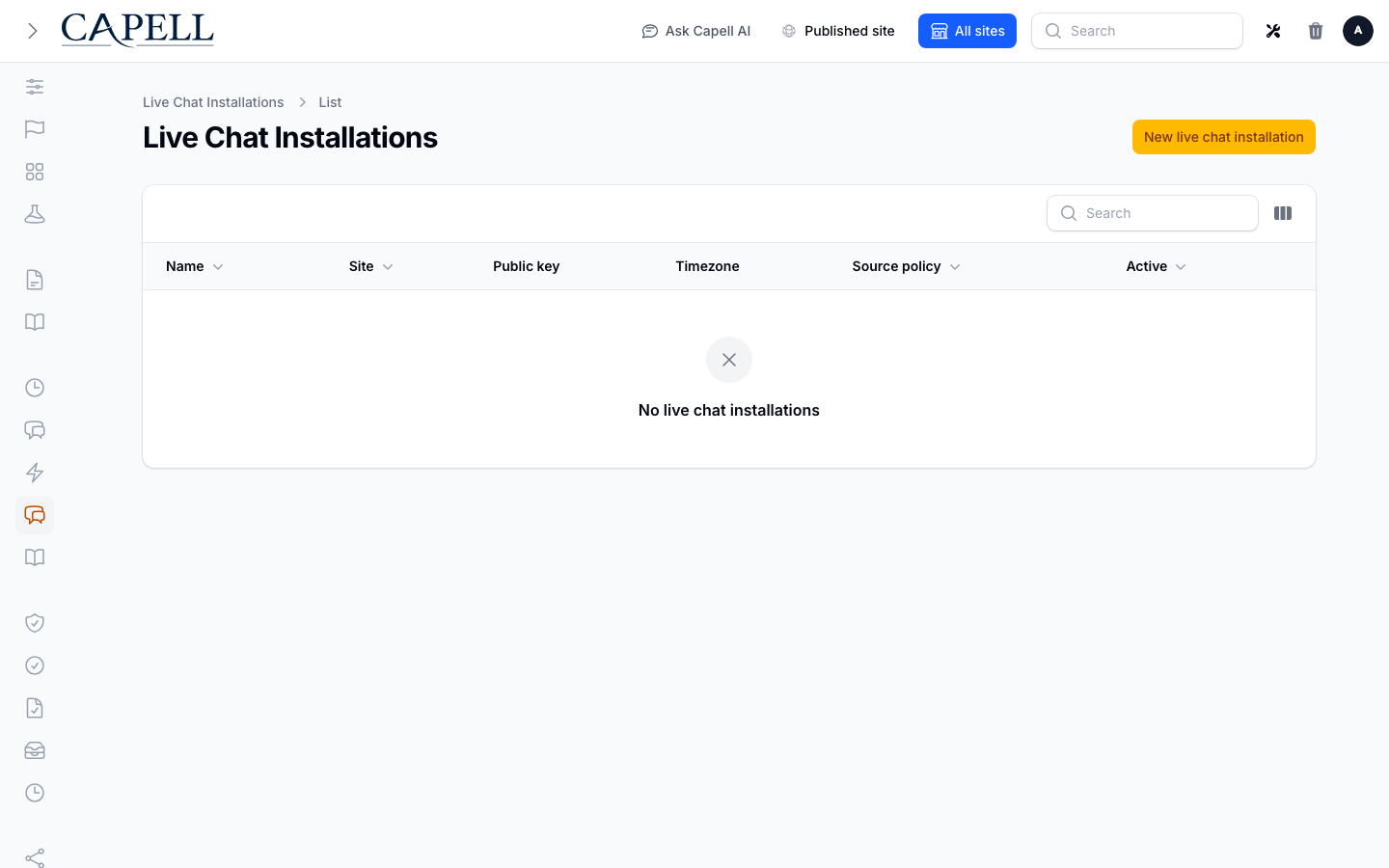 Live Chat Installations screenshot.
