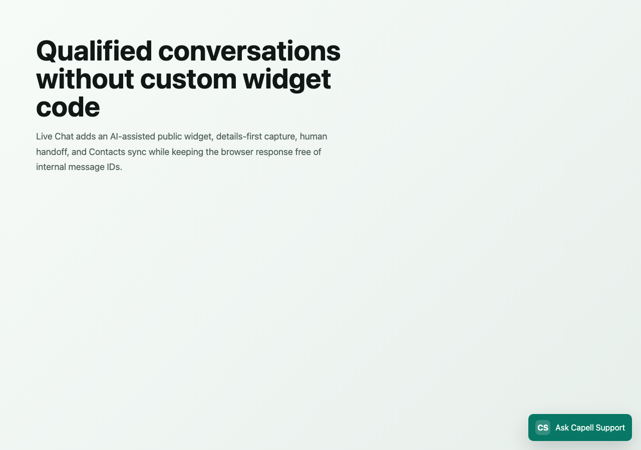 Live Chat public widget opened with AI disclosure, message-first capture, details capture, and human handoff controls.