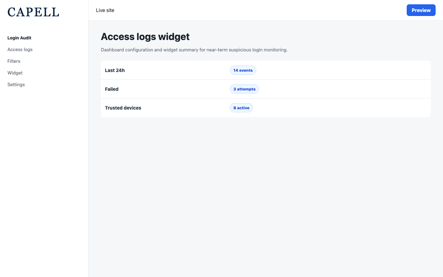 Login Audit dashboard widget showing recent access activity