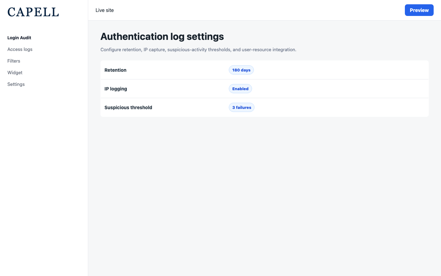 Login Audit settings for retention, IP tracking, and visibility