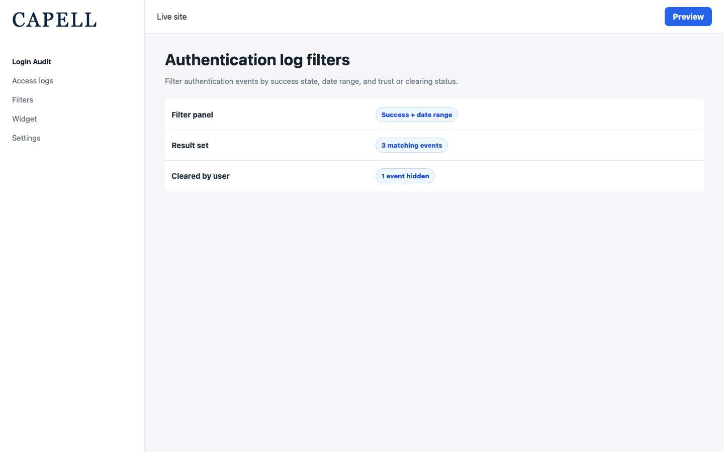 Login Audit table filters for access status and login date range