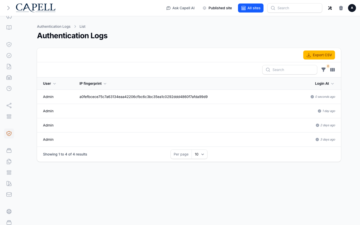 Login Audit admin index listing successful and failed authentication events