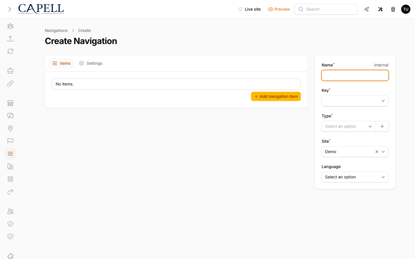 Create and edit navigation form with links, page references, and nested items