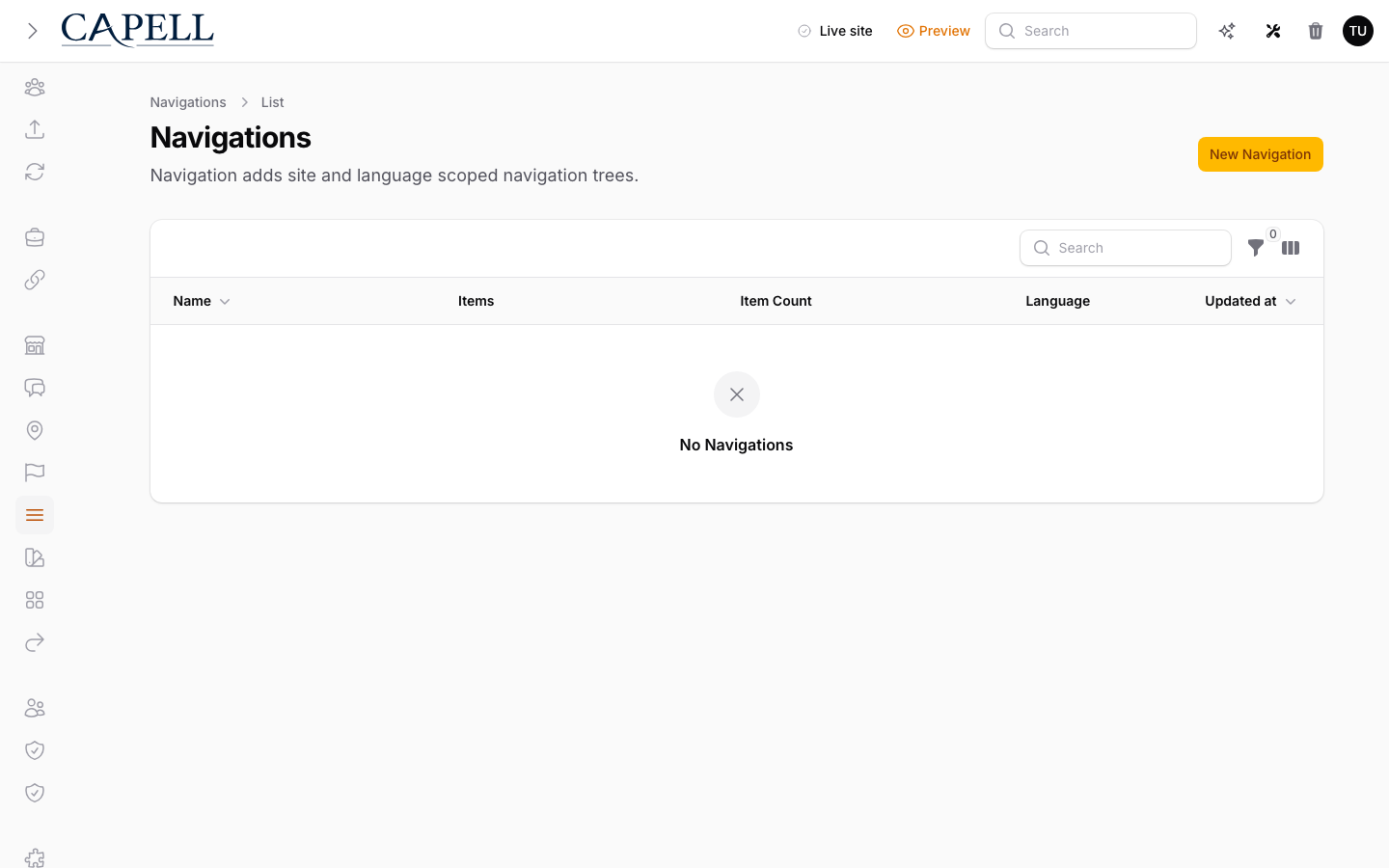 Navigation Admin Index screenshot.