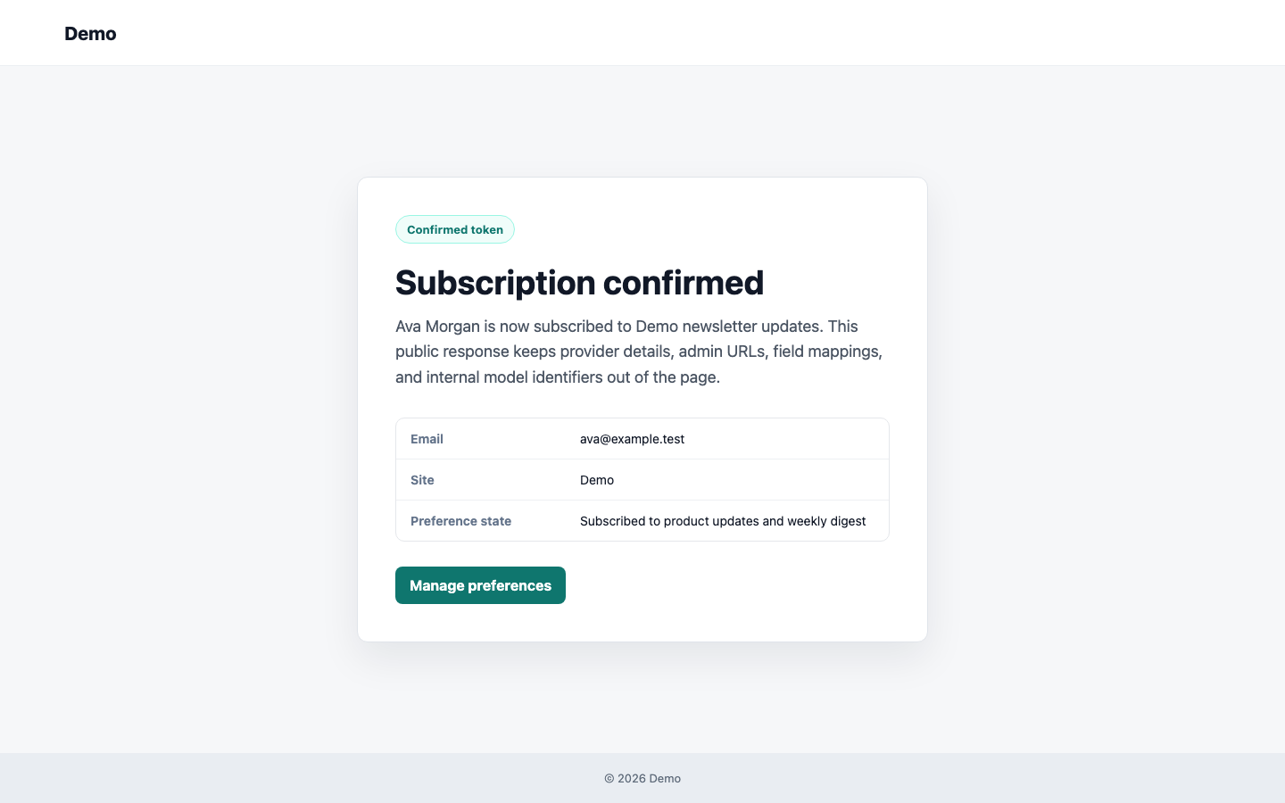 A subscriber confirms a disposable newsletter token through the public route.