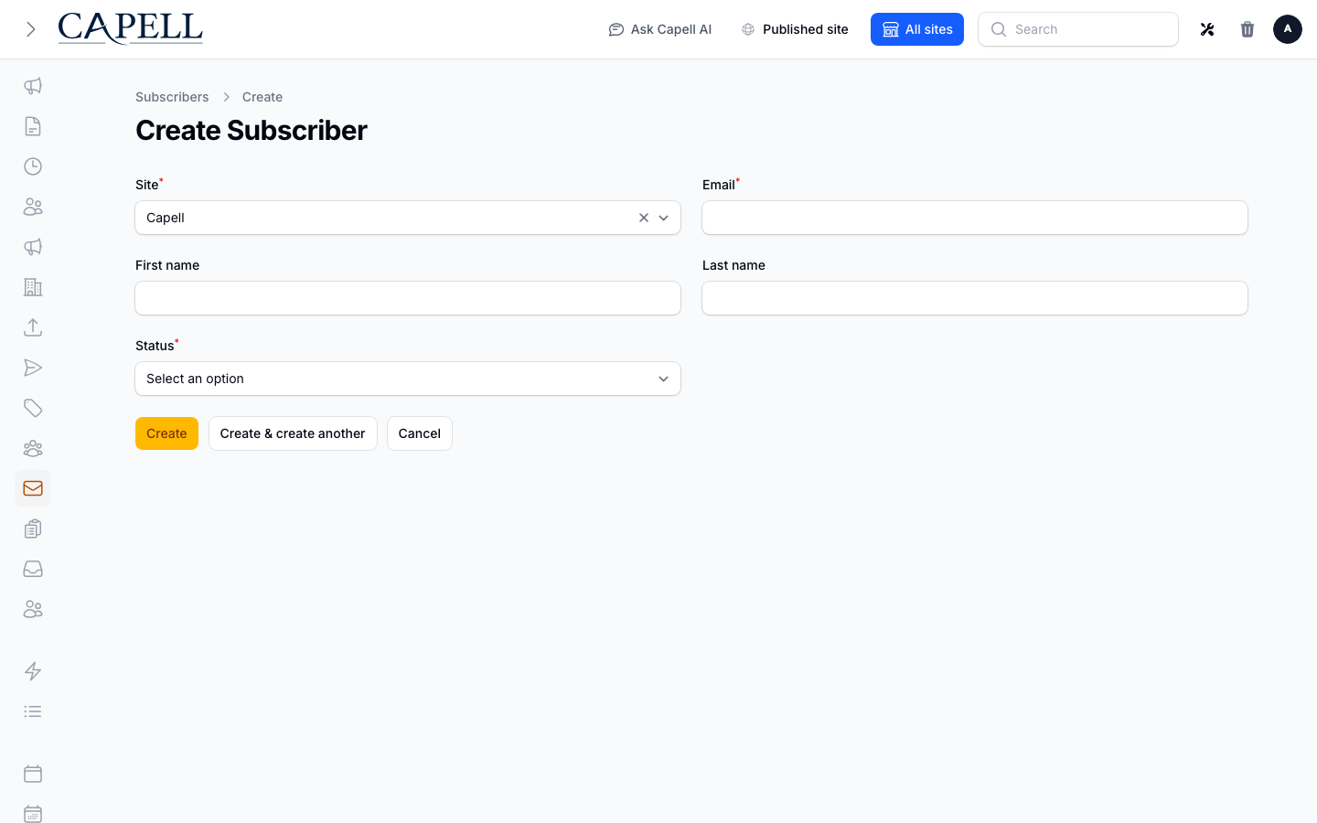 A marketer edits subscriber identity, status, site, tags, and consent-related fields.