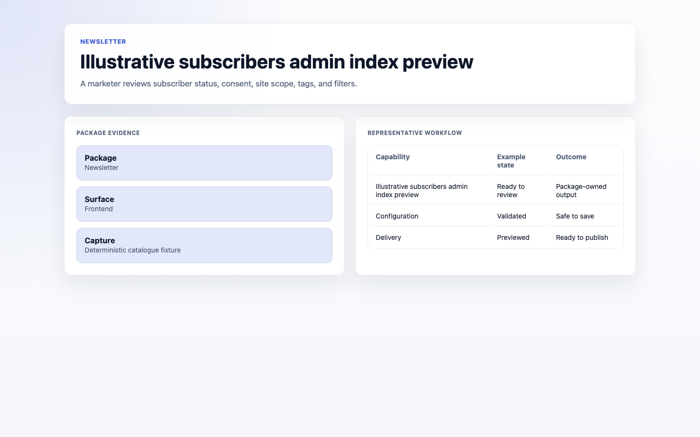A marketer reviews subscriber status, consent, site scope, tags, and filters.