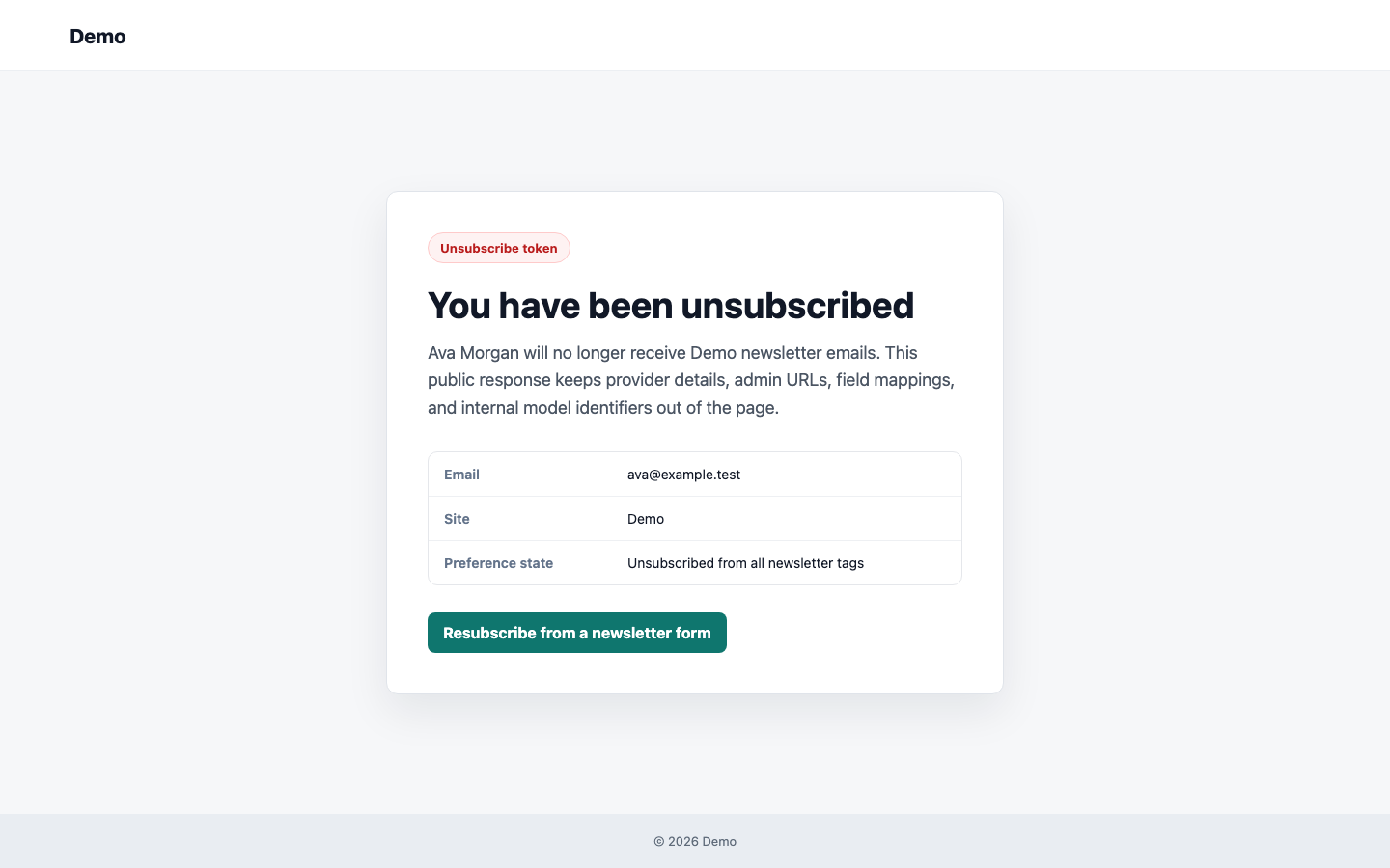 A subscriber unsubscribes through a disposable public token without seeing provider internals.