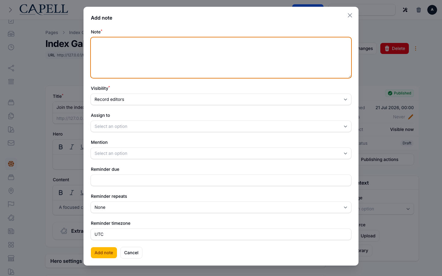 Record-level Add note modal on a Capell page edit screen