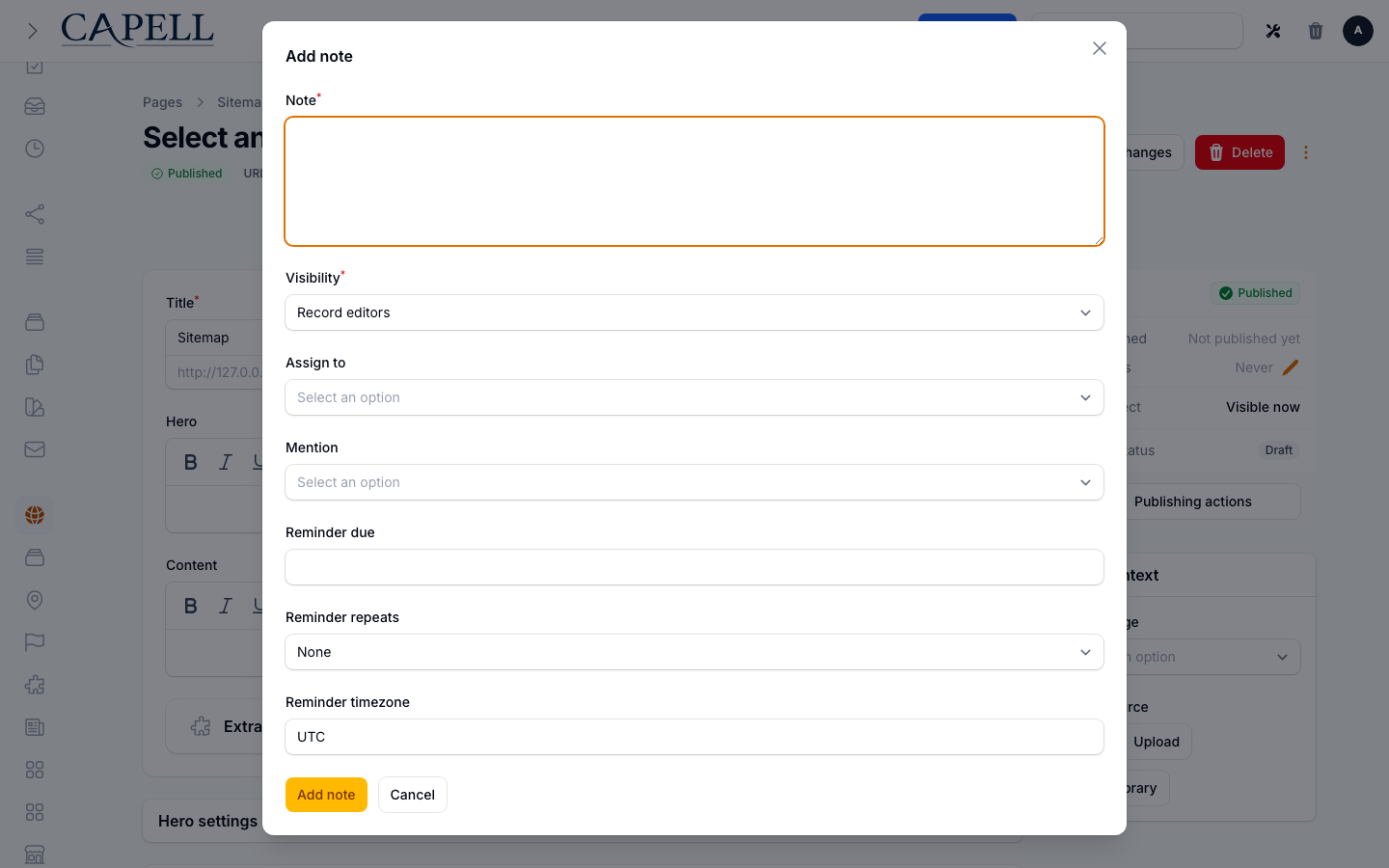 Record-level Add note modal on a Capell page edit screen