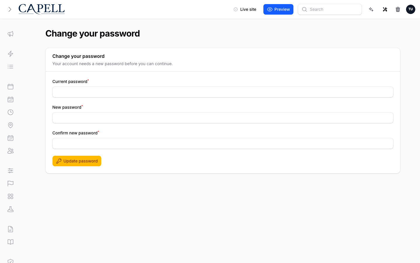 Forced password change form for flagged administrators