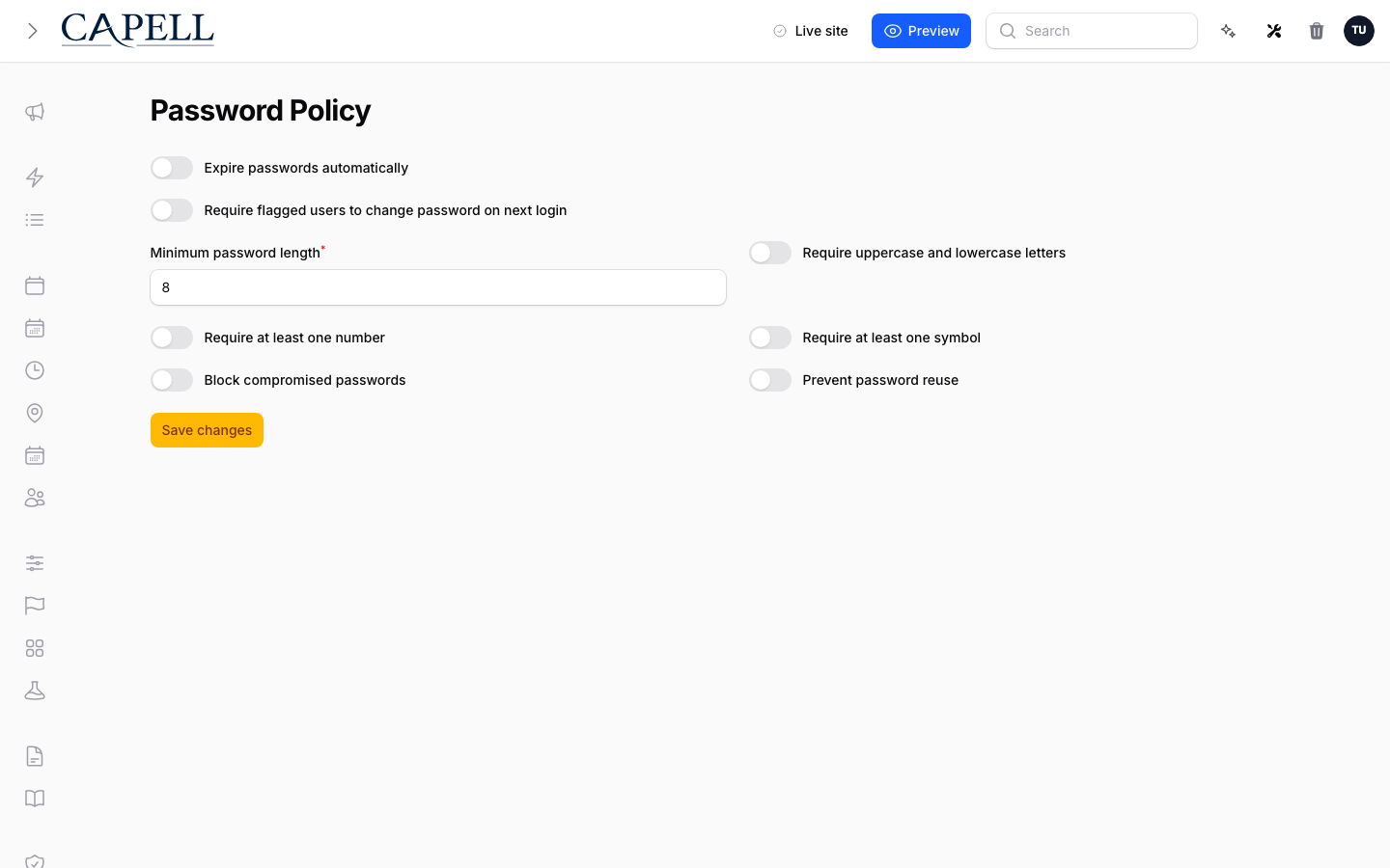 Password Policy settings page with expiry, forced-change, complexity, compromised-password, and reuse controls