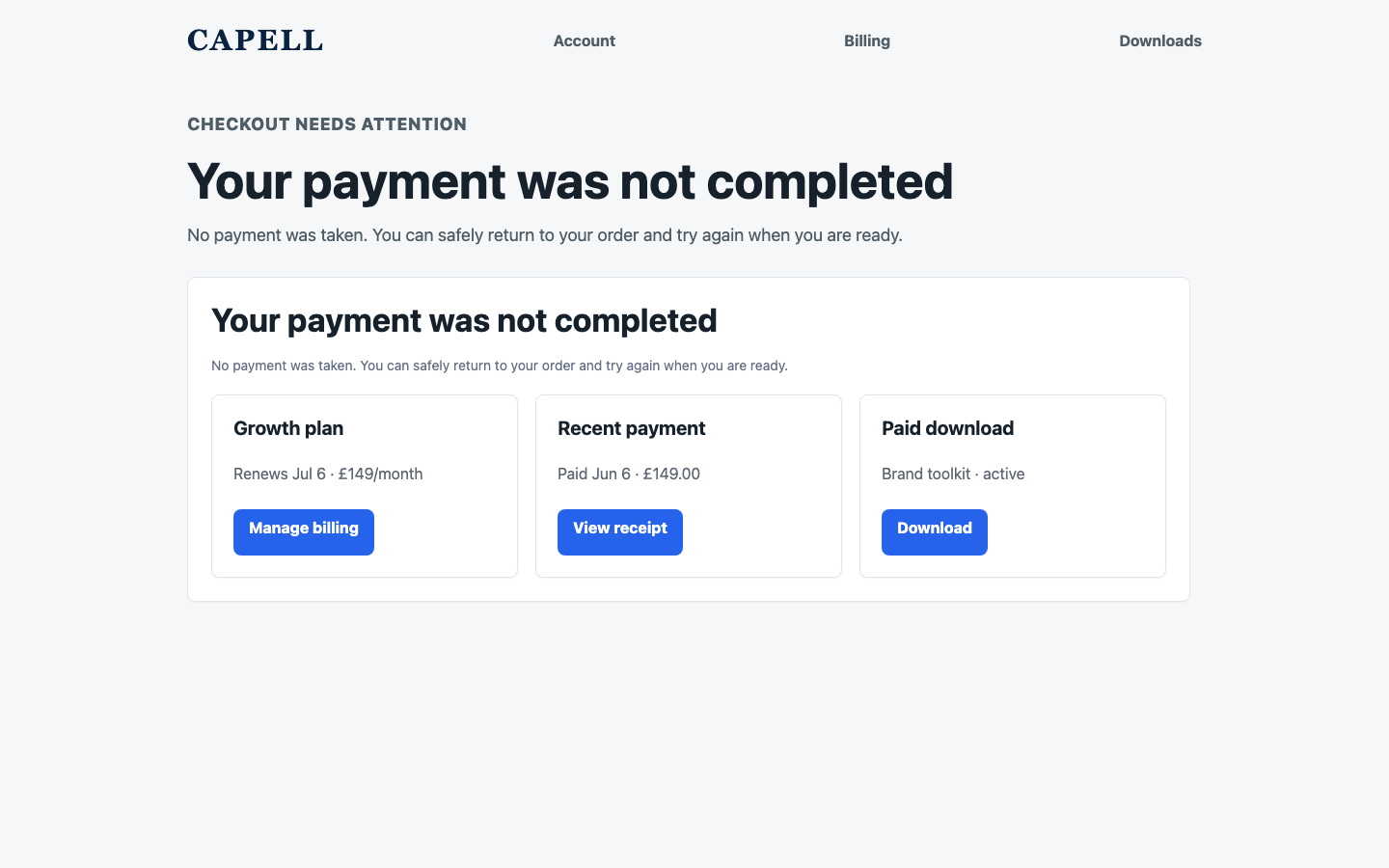 Payments Checkout Failure Return screenshot.