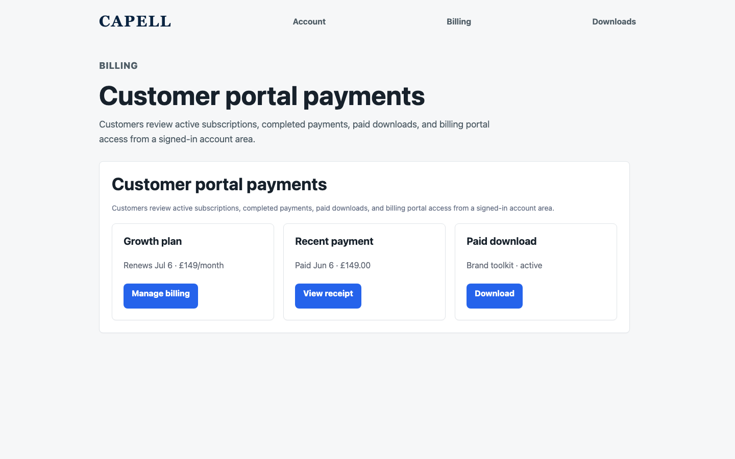 Customer portal billing view with subscriptions, payments, and paid downloads