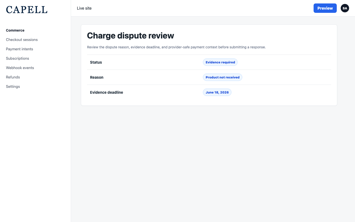 Payments Dispute Detail screenshot.