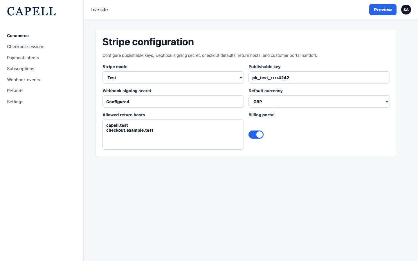 Payments settings page for Stripe Checkout and webhook configuration