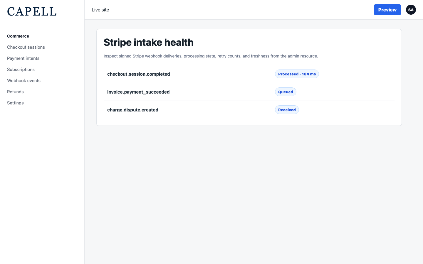 Payments webhook events admin table with Stripe processing states