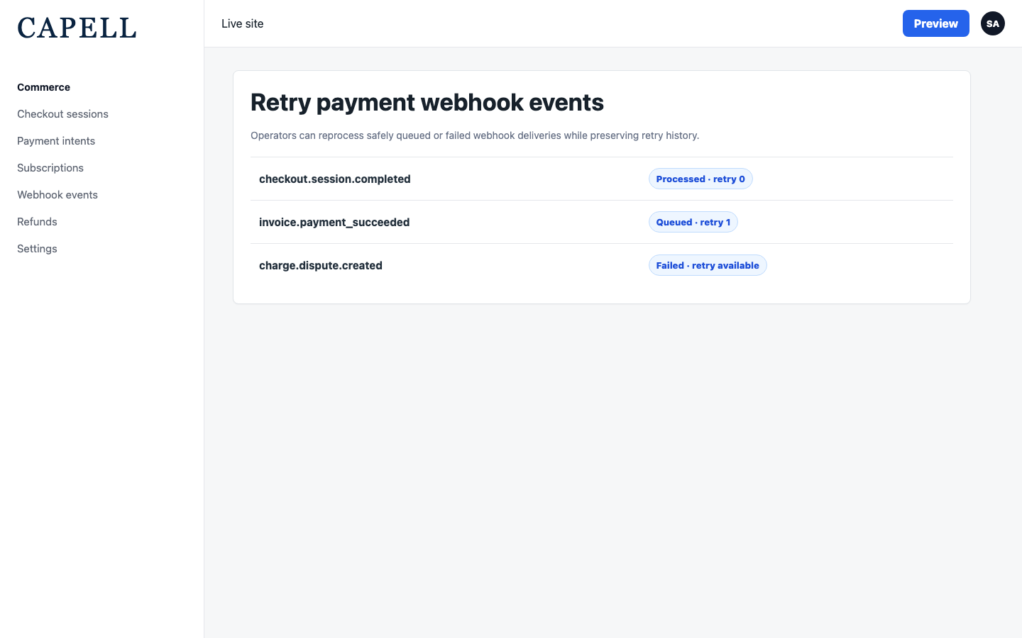 Payments Webhook Reprocess Action screenshot.