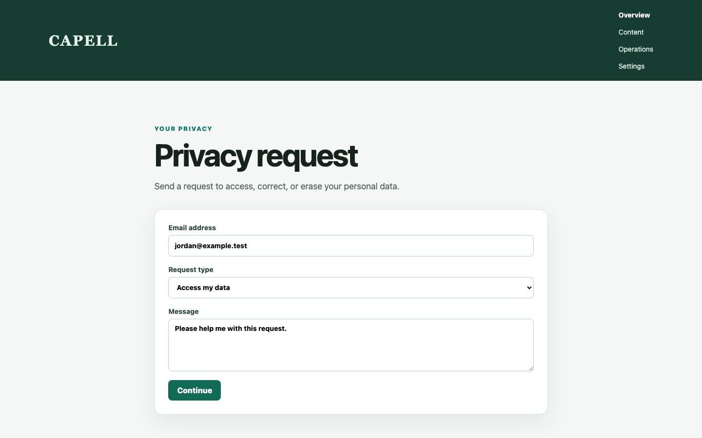 Privacy Public Request Form screenshot.