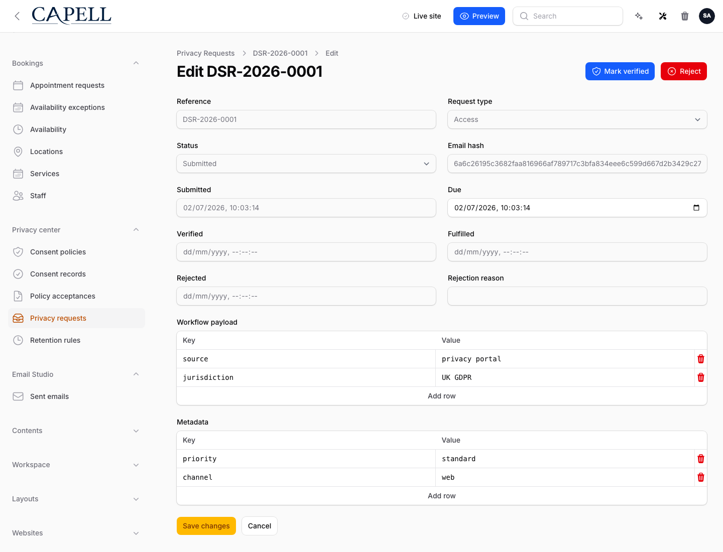 Privacy Center request edit screen with verification and rejection workflow actions.