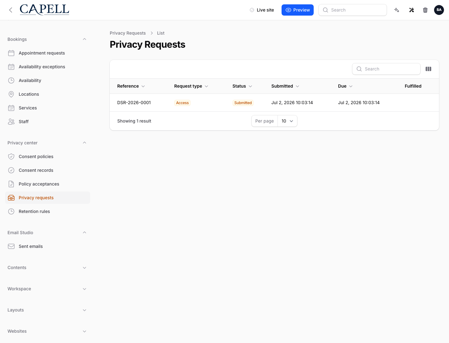 Privacy Center request queue showing a submitted data-subject access request.