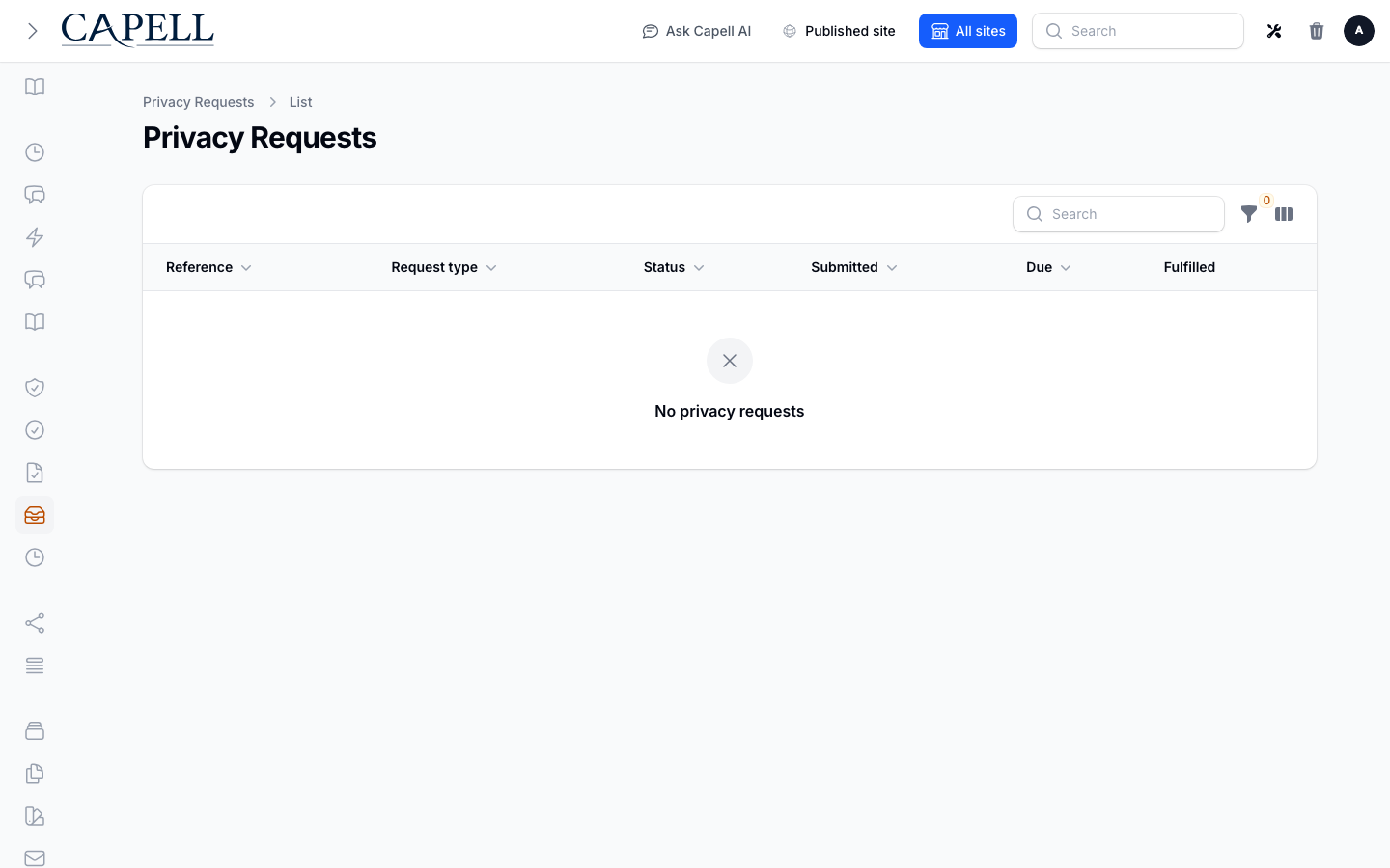 Privacy Center request queue showing a submitted data-subject access request.