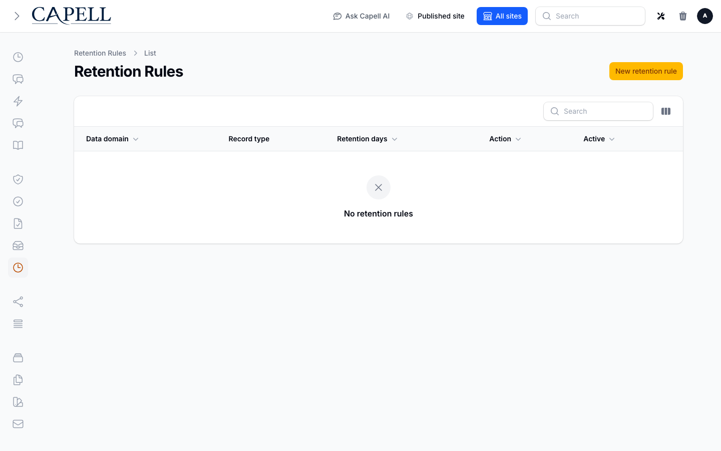 Privacy Center retention rules table showing an active marketing consent ledger rule.