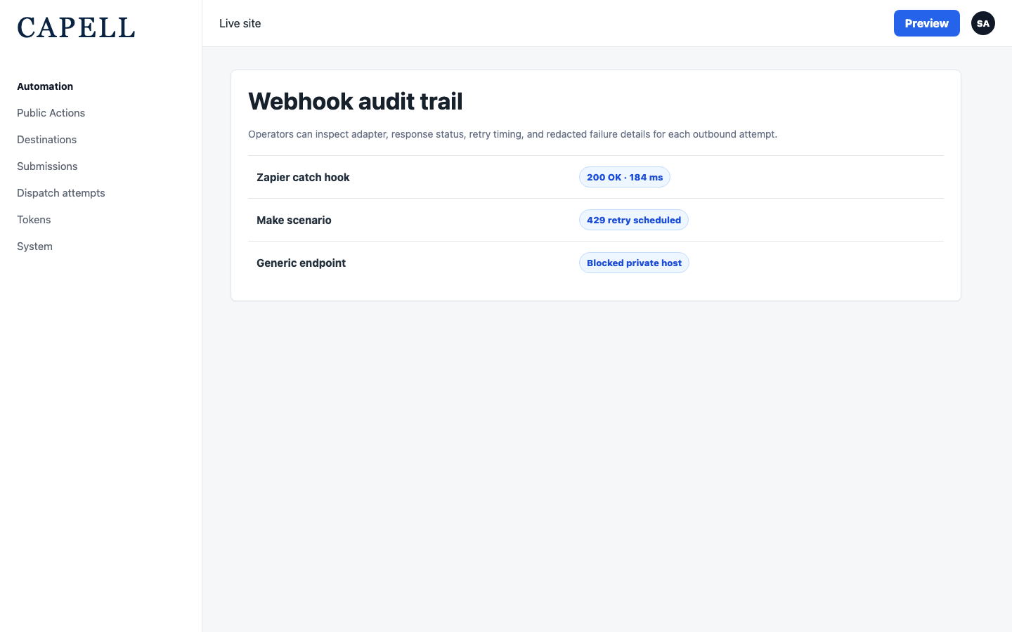 Public Action dispatch attempts audit table with response and retry state