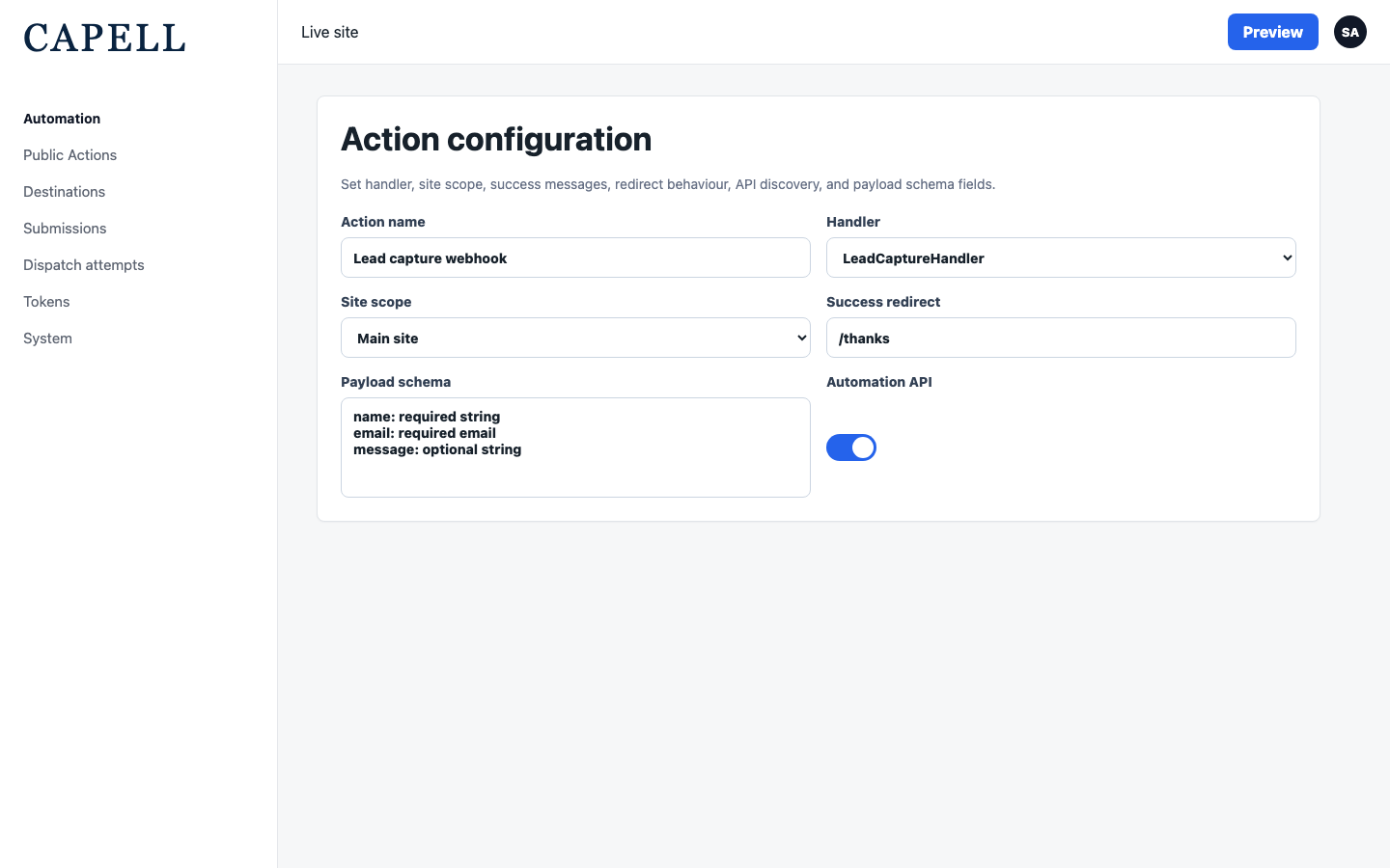 Public Action form showing handler, site scope, redirect, API, and schema settings