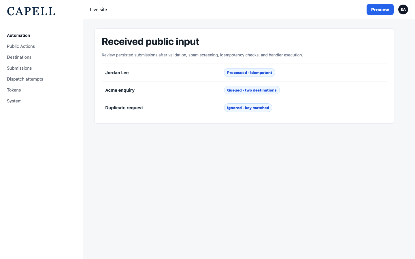 Public Action submissions table showing processed, queued, and duplicate requests