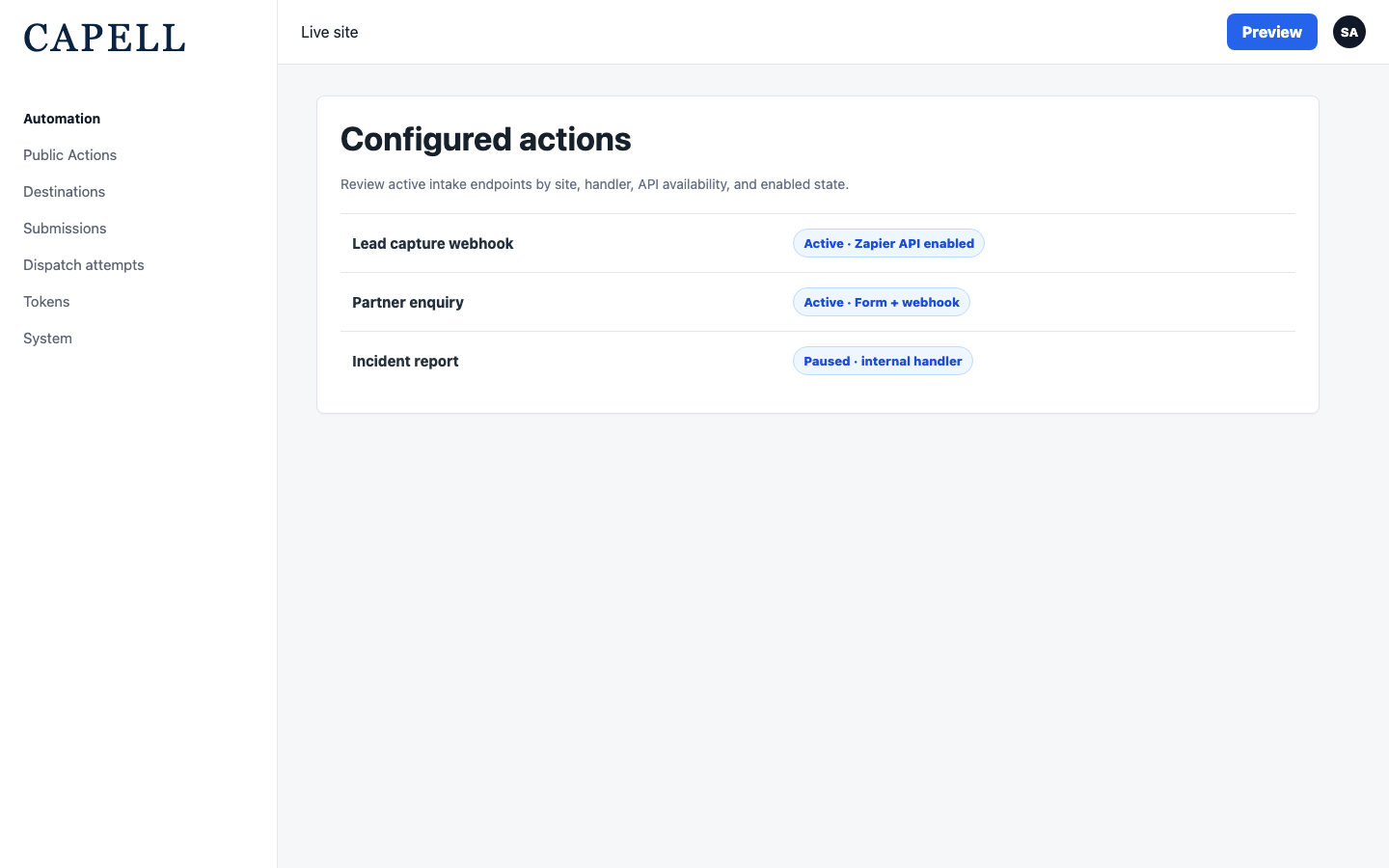 Public Actions admin index with active action rows