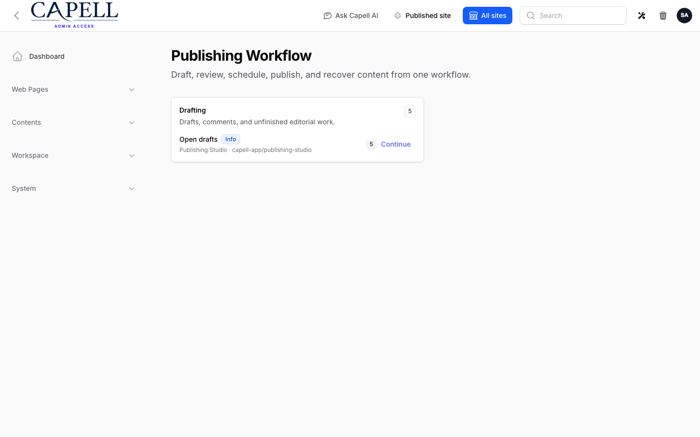 Populated Publishing Workflow dashboard with drafting, review, scheduling, and publishing-risk queues