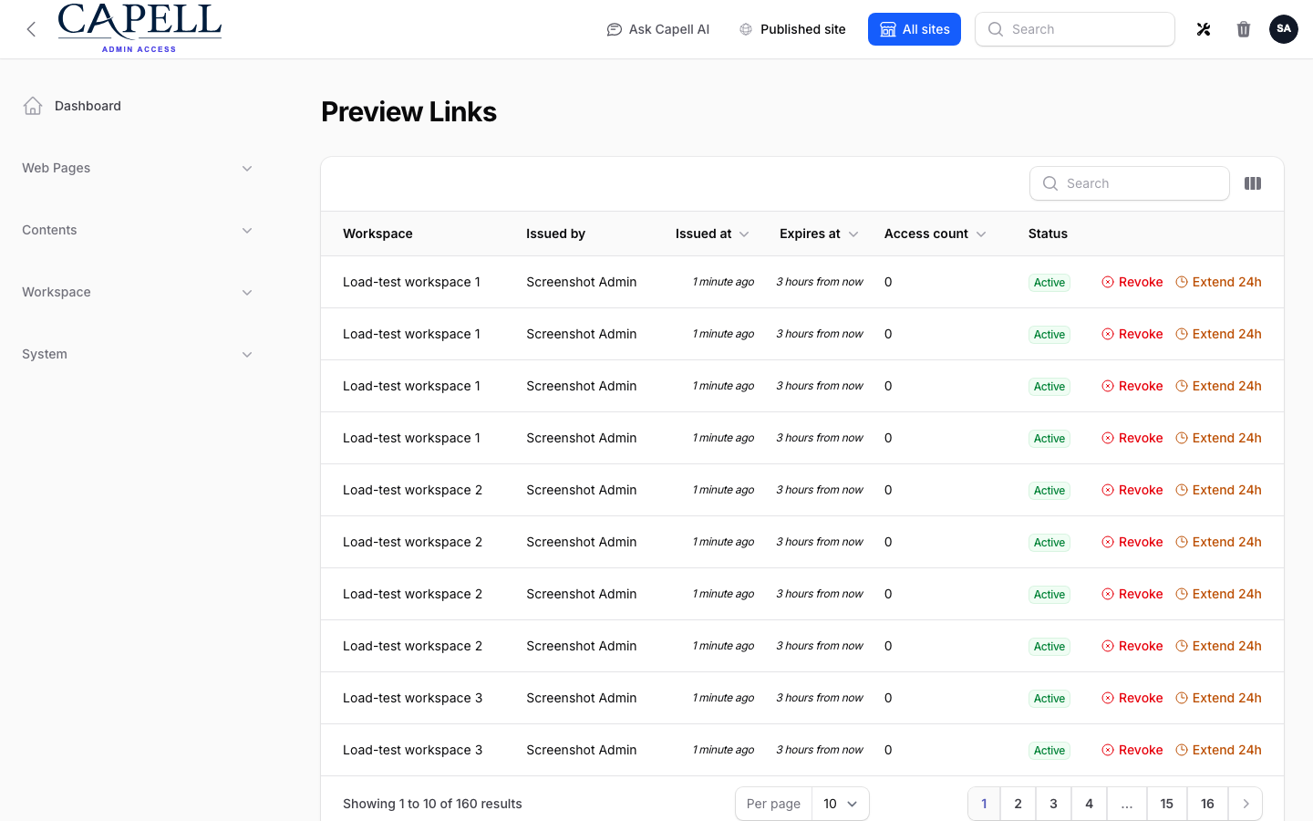 Populated Preview Links table with workspace, issuer, expiry, access count, and status columns