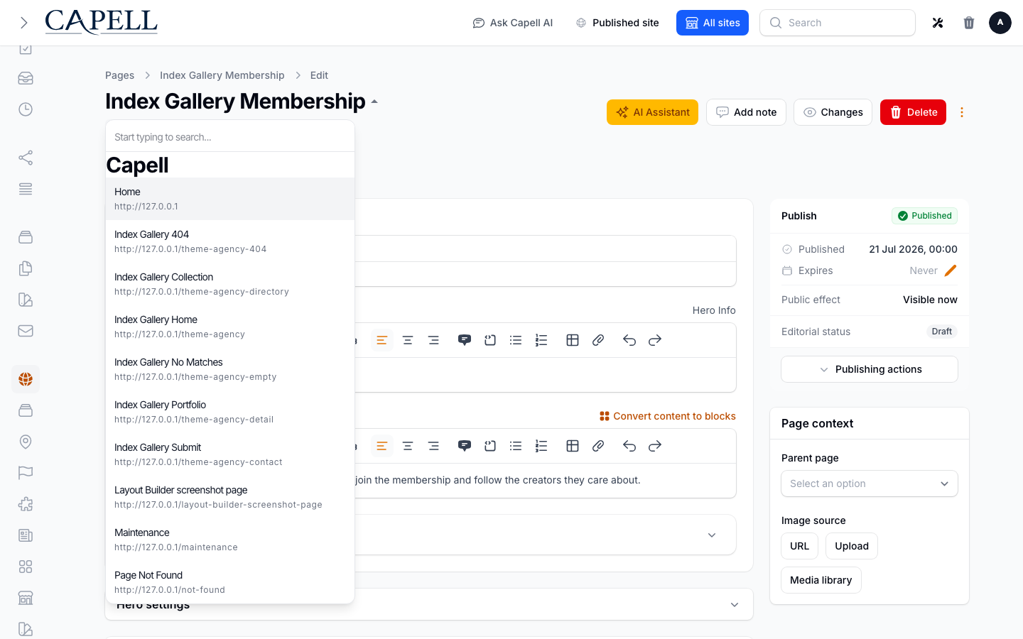 Capell admin edit page with Record Switcher suggestions open