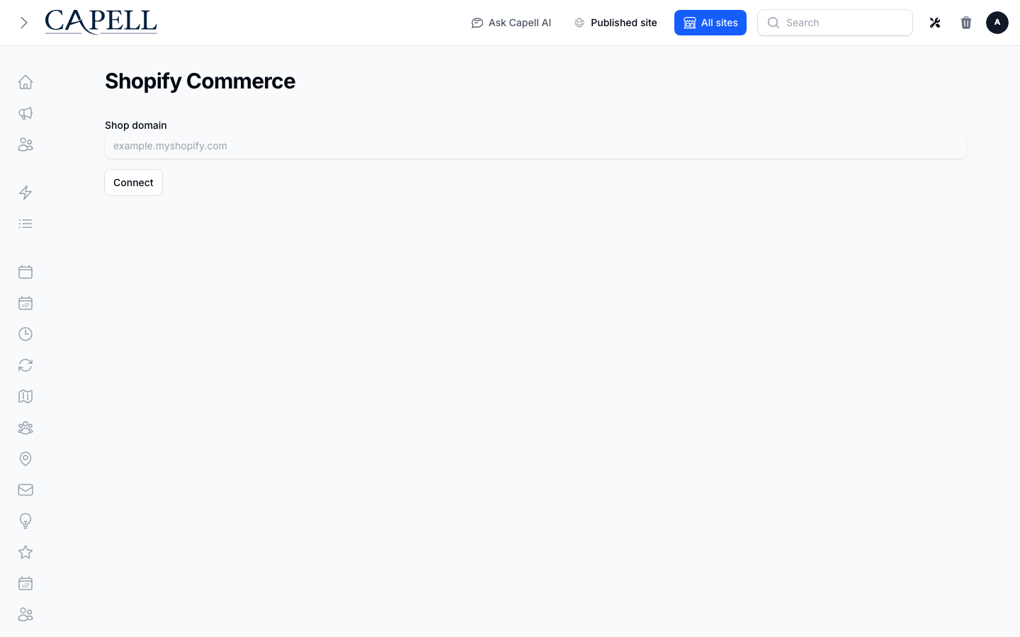 Shopify Commerce connected store page in Capell Admin