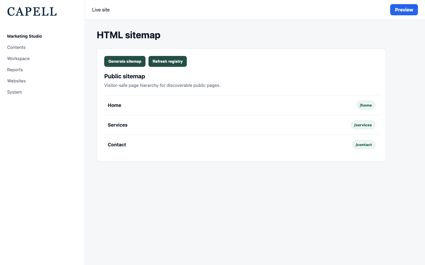 Public HTML sitemap page with discoverable page links