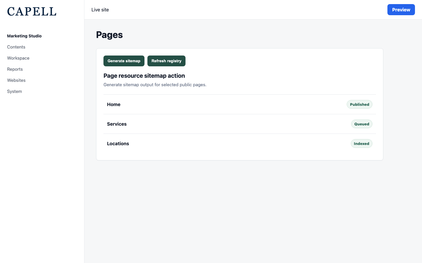 Page resource sitemap action in the Capell admin