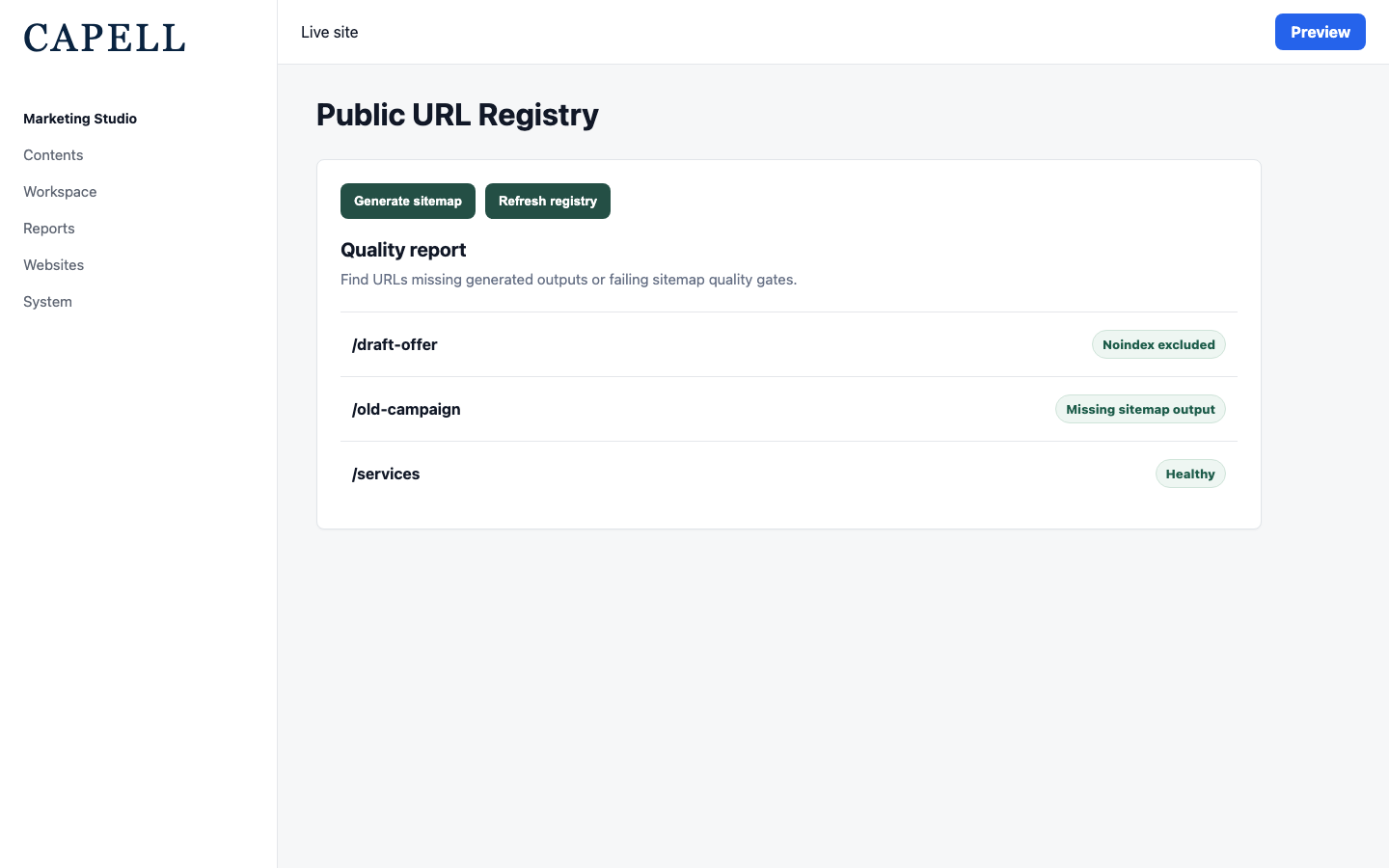 Public URL Registry quality report with missing output warnings