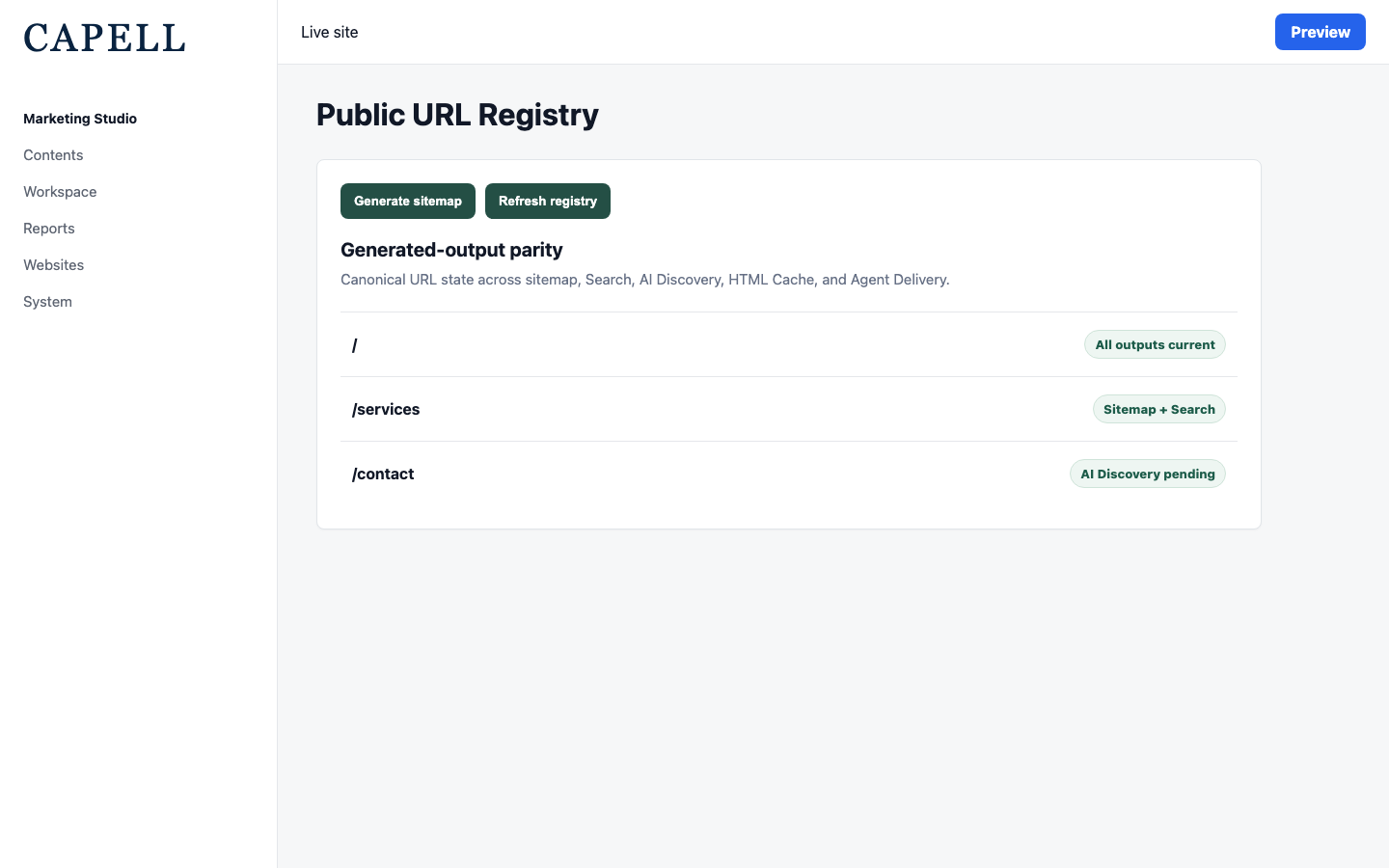 Public URL Registry admin page with generated output parity rows