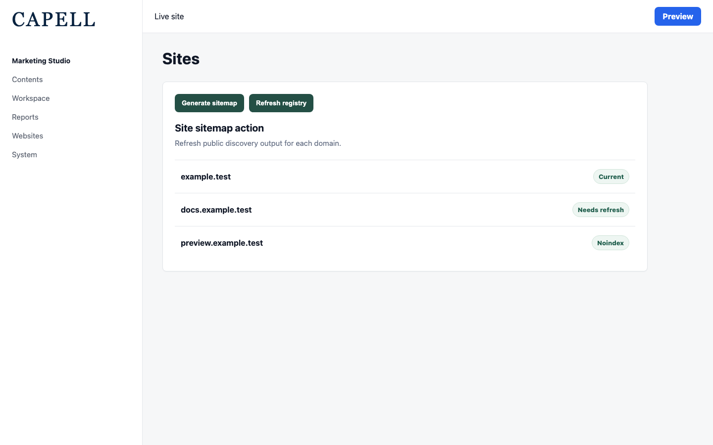 Site resource sitemap action in the Capell admin