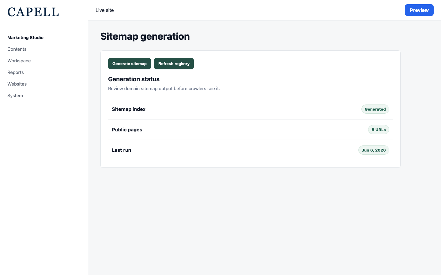 Sitemap generation tool showing generated sitemap status